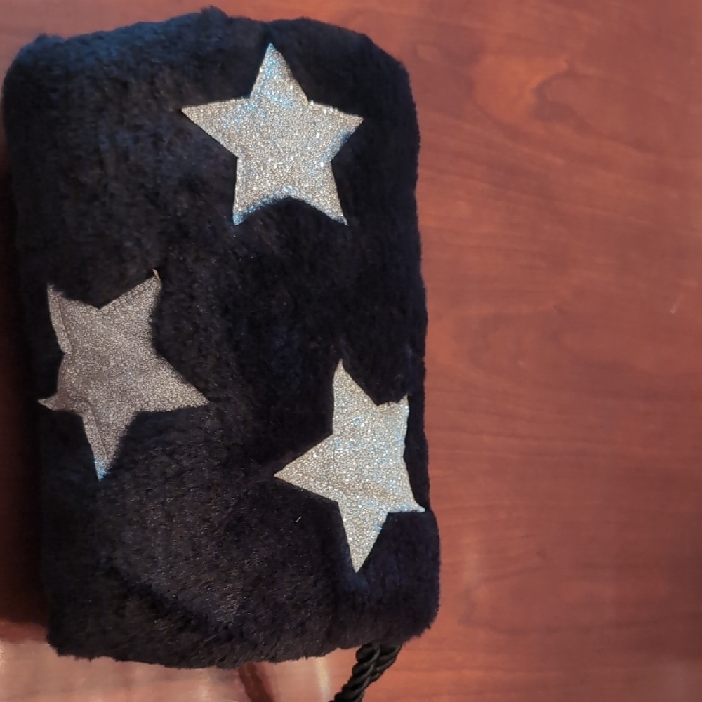 Black Fuzzy Pouch with Silver Stars